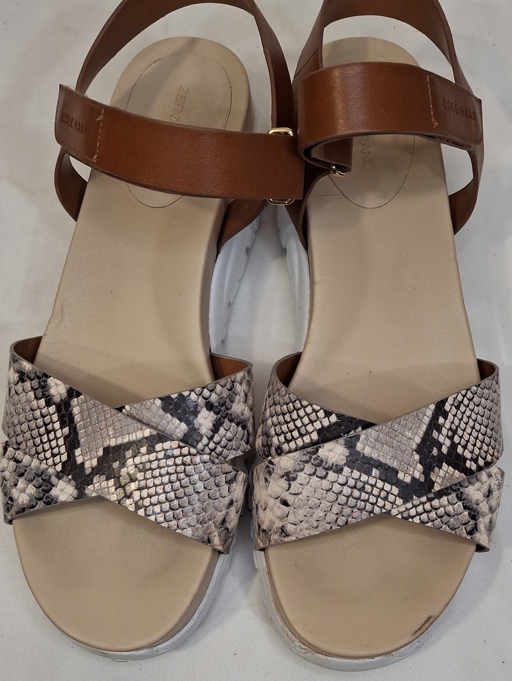 Cole Haan Womens Zero Grand Tan Leather &Criss Cross Snake-Print Sandals